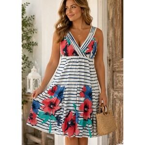 Per Una Floral Striped Babydoll Dress Sleeveless Size 12 Resort Nautical Garden